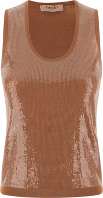Brown Cotton Sleeveles T-Shirt