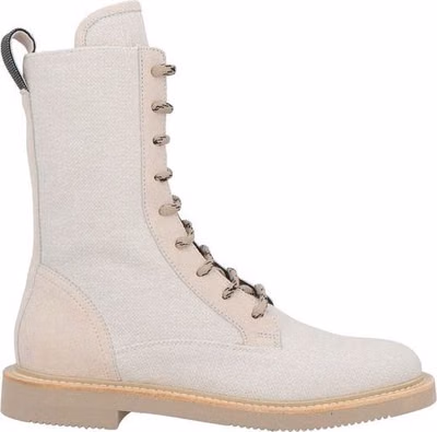 Beige Cotton Lace-Up Boots