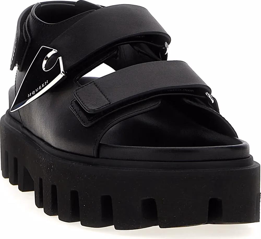Alexander McQueen Black Calf Leather Bos Taurus Flat Sandals
