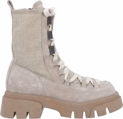 Beige Leather Lace-Up Boots