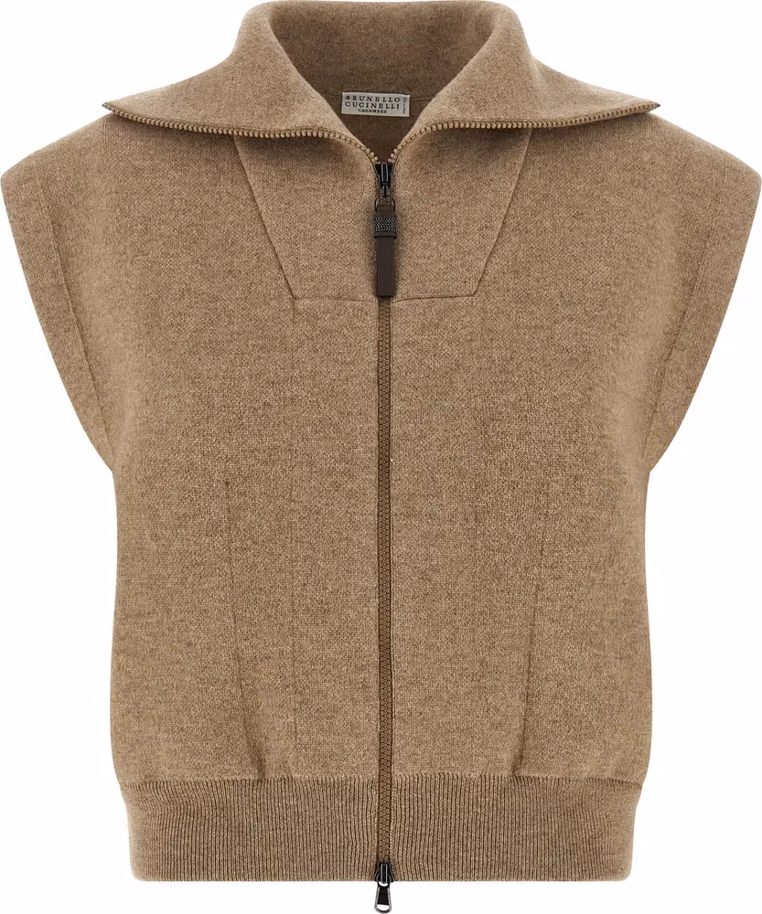 Brunello Cucinelli Beige Cashmere Sleeveless Jacket