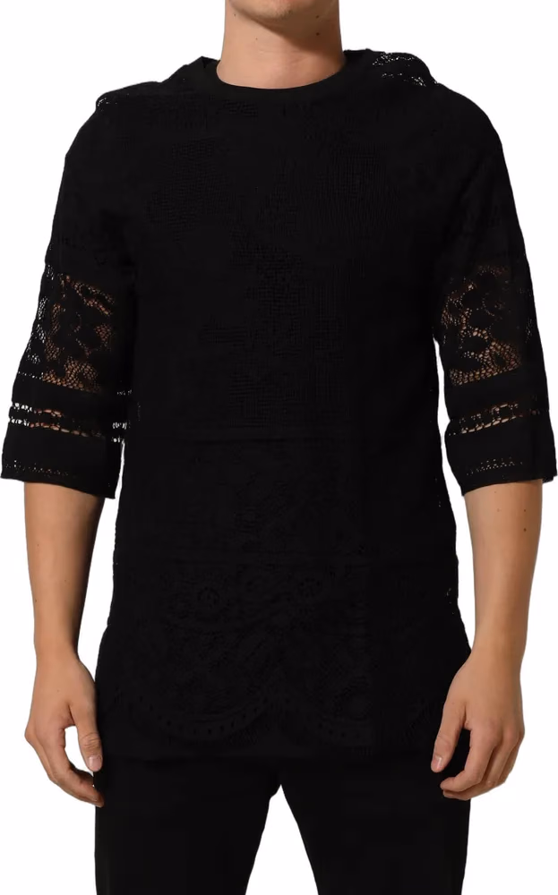Dolce & Gabbana Black Cotton Floral Lace Crew Neck T-shirt