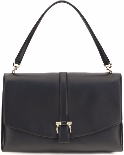 Ferragamo Black Calf Leather Bos Taurus Shoulder Bag