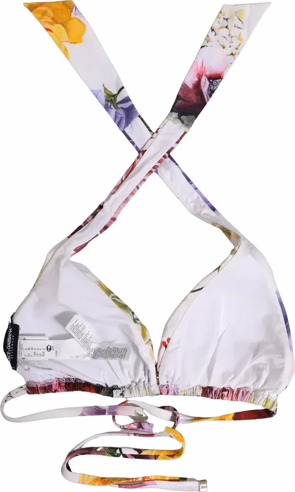 Dolce & Gabbana White Floral Print Triangle Beachwear Bikini Top