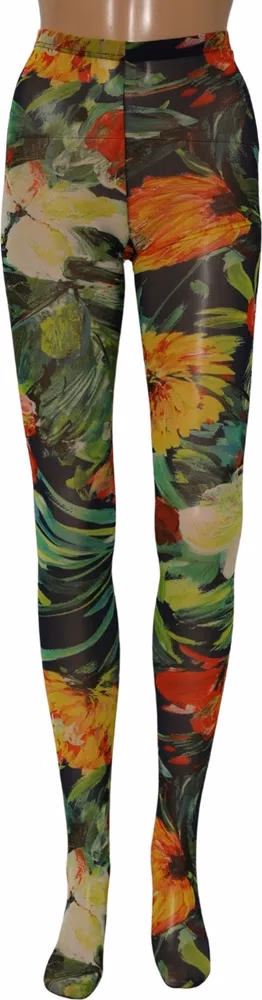Dolce & Gabbana Black Floral Print Tights Sheer Stockings Socks