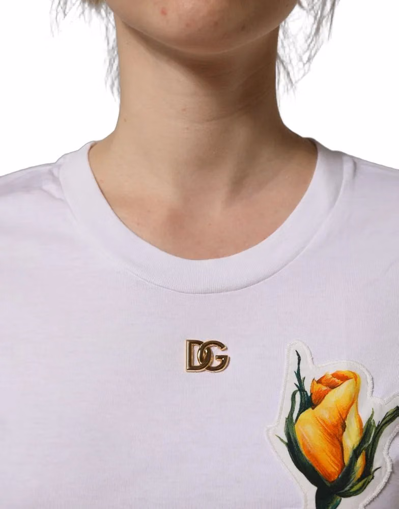 Dolce & Gabbana White Cotton Rose Patch Crew Neck T-shirt