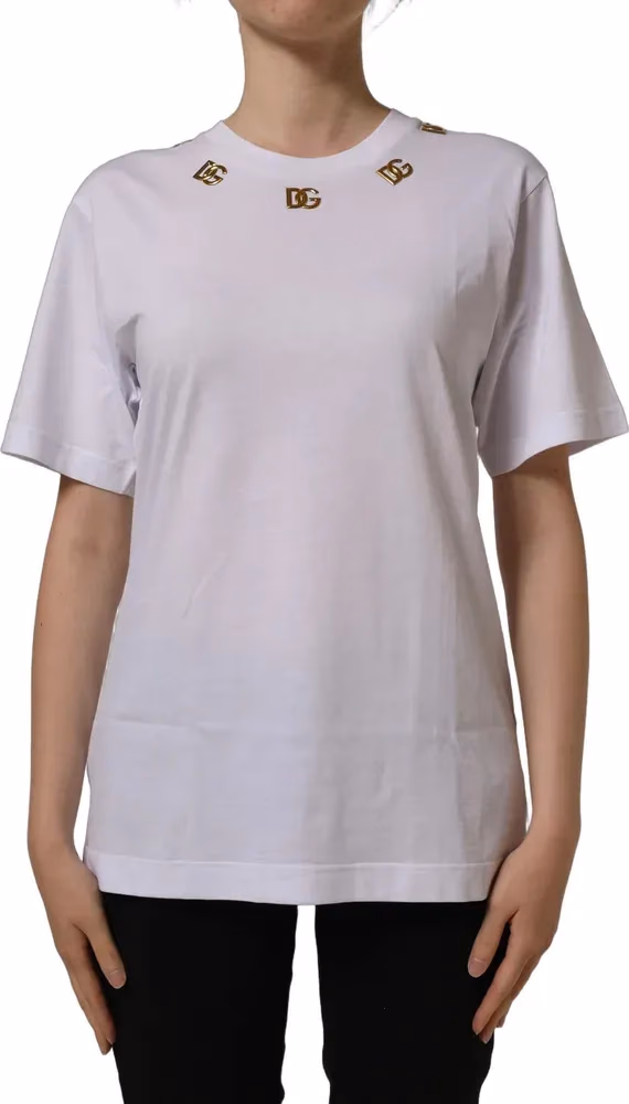 Dolce & Gabbana White Cotton Gold DG Logo Crew Neck T-shirt