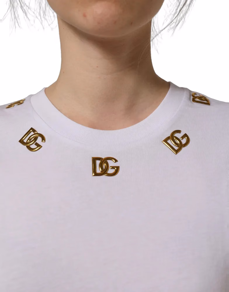 Dolce & Gabbana White Cotton Gold DG Logo Crew Neck T-shirt