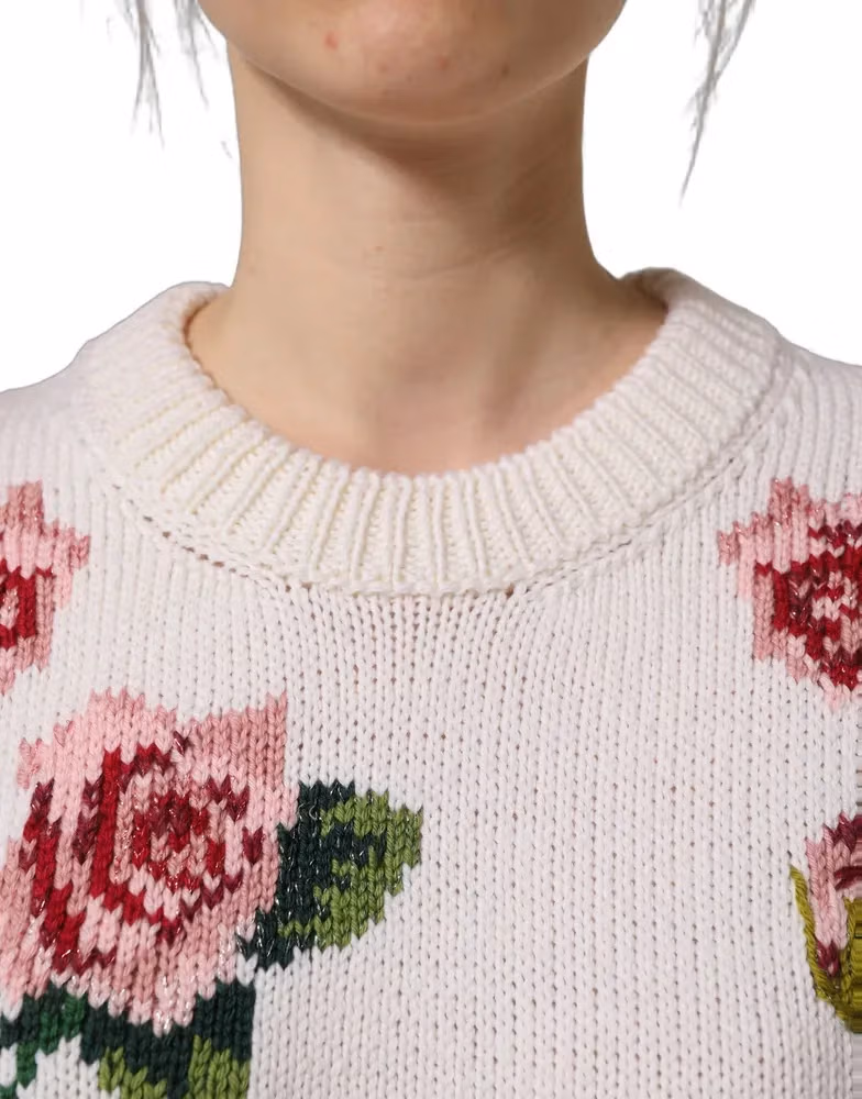 Dolce & Gabbana White Wool Floral Crew Neck Pullover Sweater