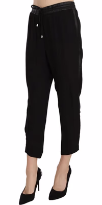Black Polyester High Waist Cropped Trousers Pants