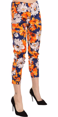 Blue Floral Print Skinny Slim Fit Trousers Pants