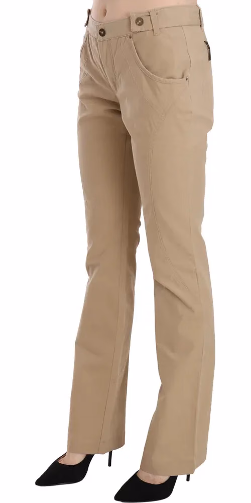 Just Cavalli Beige Cotton Mid Waist Straight Trousers Pants