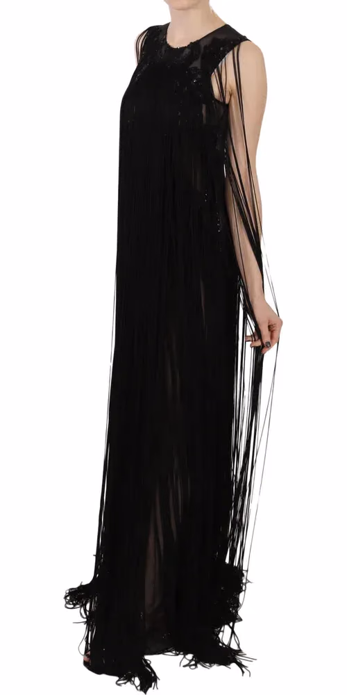 John Richmond Black Silk Beaded Sequined Sheer Dress