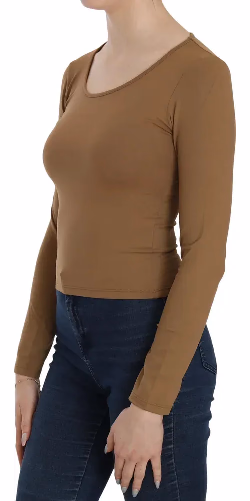 GF Ferre Brown Long Round Neck Sleeve Fitted Shirt Tops Blouse