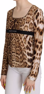 Brown Round Neck Leopard Women Top Blouse