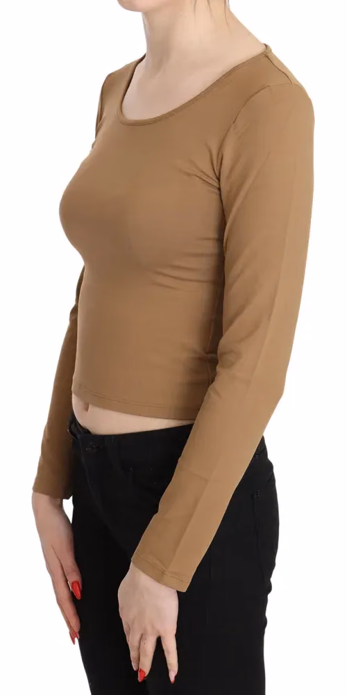 GF Ferre Brown Round Neck Long Sleeve Slim Crop Top Blouse