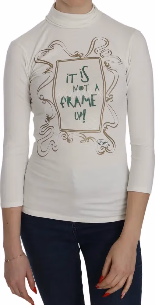 Exte White Printed Turtle Neck 3/4 Sleeve Top Cotton Blouse