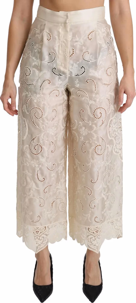 Dolce & Gabbana Cream Lace High Waist Palazzo Cropped Pants