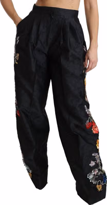 Black Brocade Floral Sequined Beaded Pants