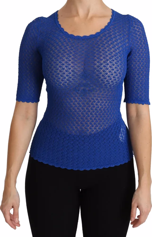 Dolce & Gabbana Blue See Through Round Neck Top Viscose Blouse