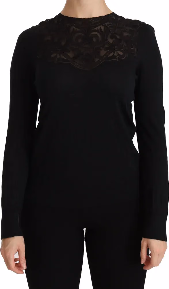 Dolce & Gabbana Black Silk Lace Crew Neck Long Sleeve Blouse