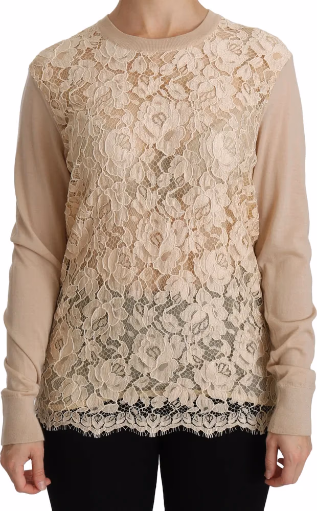 Dolce & Gabbana Beige Lace Long Sleeve Top Cashmere Blouse