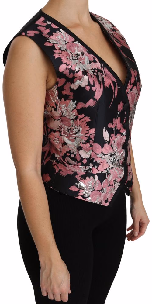 Dolce & Gabbana Black Pink Floral Waistcoat Vest Blouse Top