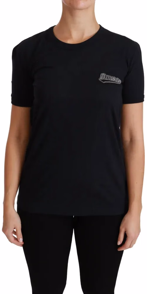 Dolce & Gabbana Blue Amore Patch Crewneck Cotton Top T-shirt