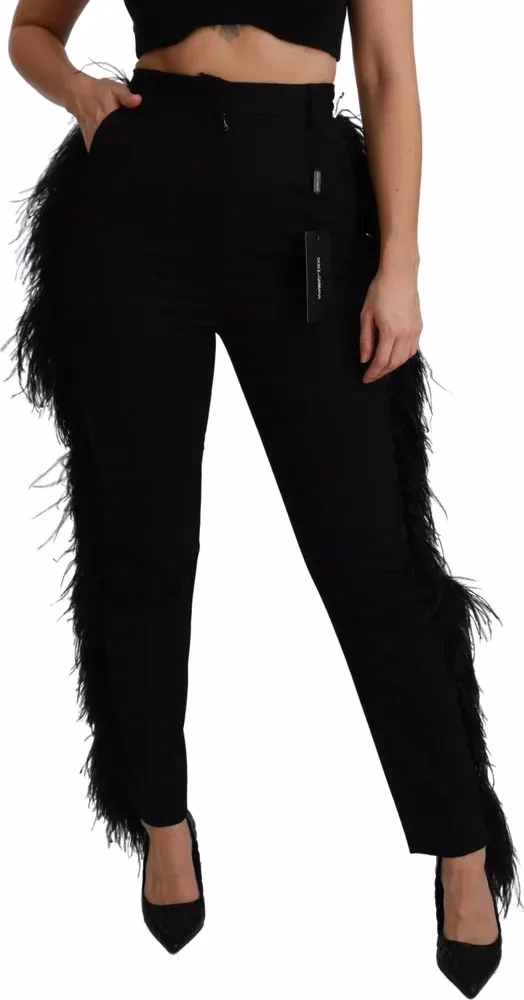 Dolce & Gabbana Black Feather Straight High Waist Wool Pants