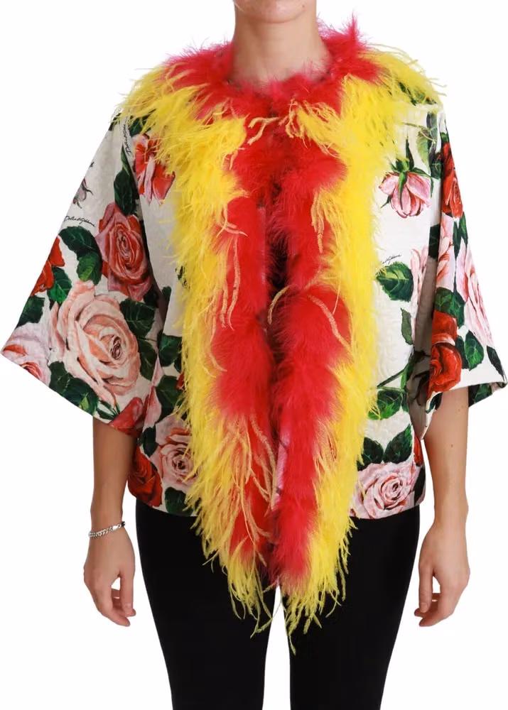 Dolce & Gabbana White Floral Coat Capte Fur Roses Jacket