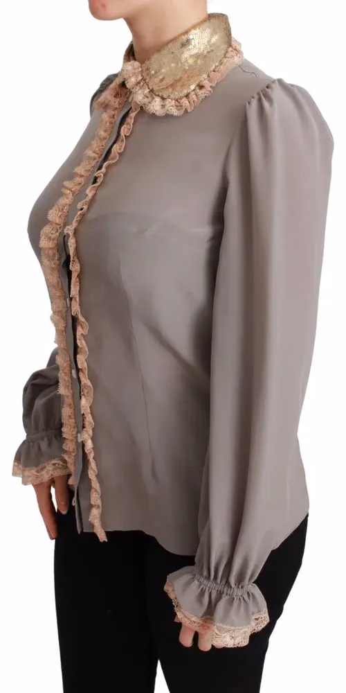 Dolce & Gabbana Gray Silk Gold Sequin Lace Blouse Shirt