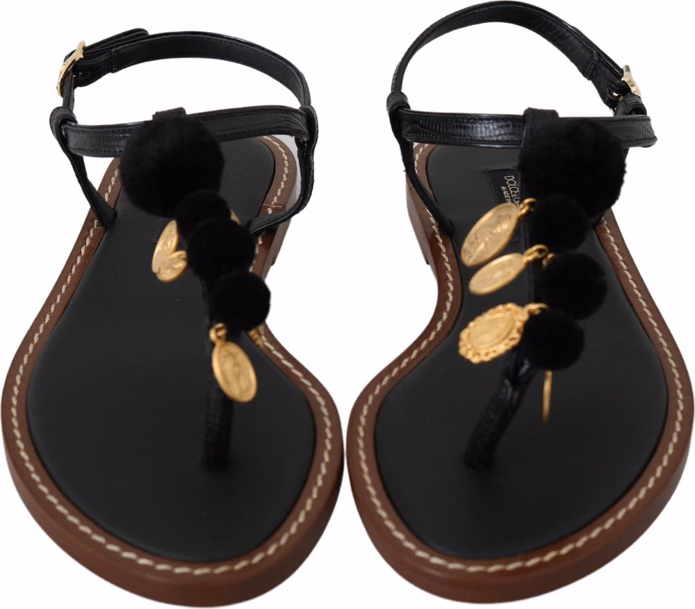 Dolce & Gabbana Black Leather Coins Flip Flops Sandals Shoes