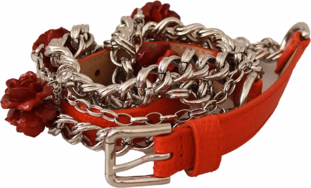 Dolce & Gabbana Red Leather Roses Floral Silver Waist Belt