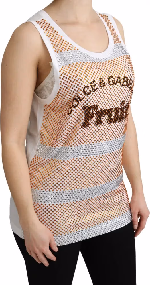 Dolce & Gabbana White Orange Crystal Sleeveless Tank Cotton Top