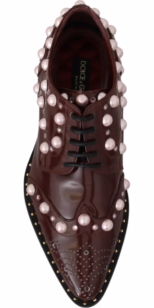 Dolce & Gabbana Bordeaux Leather Crystal Pearls Formal Shoes