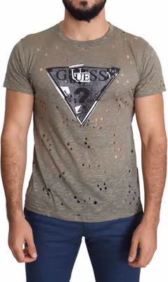 Brown Cotton Stretch Logo Print Men Casual Perforated T-shirt