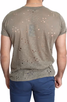 Brown Cotton Stretch Logo Print Men Casual Perforated T-shirt
