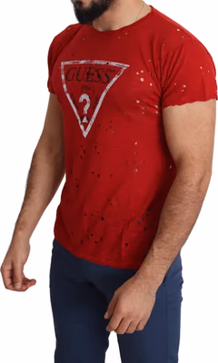 Red Cotton Logo Print Men Casual Top Perforated T-shirt