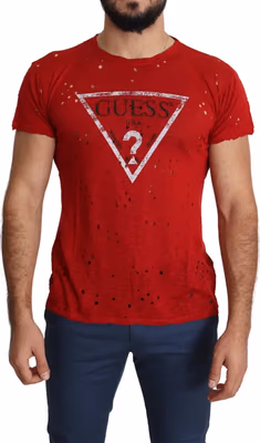 Red Cotton Logo Print Men Casual Top Perforated T-shirt