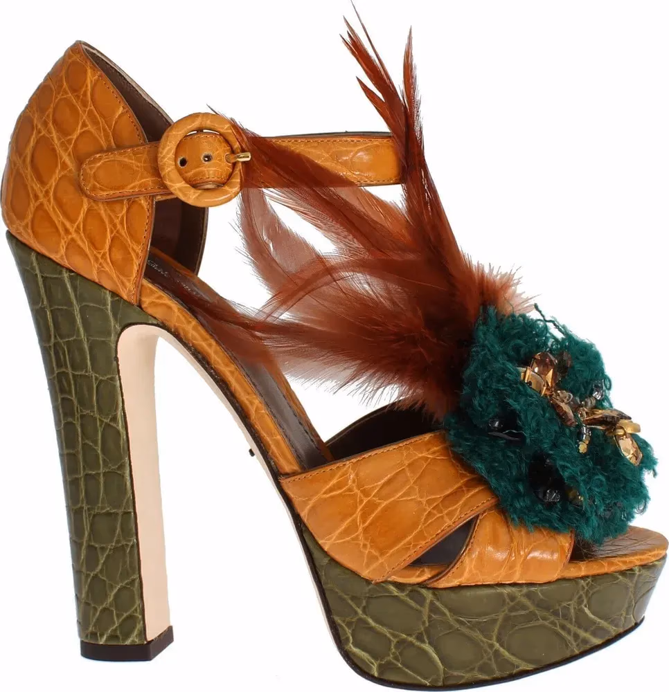 Dolce & Gabbana Orange Leather Crystal Platform Sandal Shoes