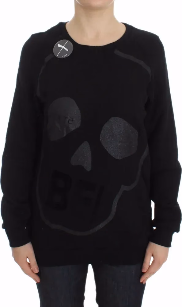 Exte Black Cotton Motive Print Crewneck Pullover Sweater