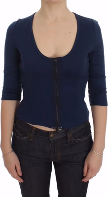Blue Cotton Top Zipper Deep Crew-neck Sweater