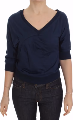 Blue Cotton Top Pullover Deep V-neck Women Sweater
