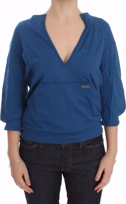 Blue Cotton Top Pullover Deep V-neck Women Sweater