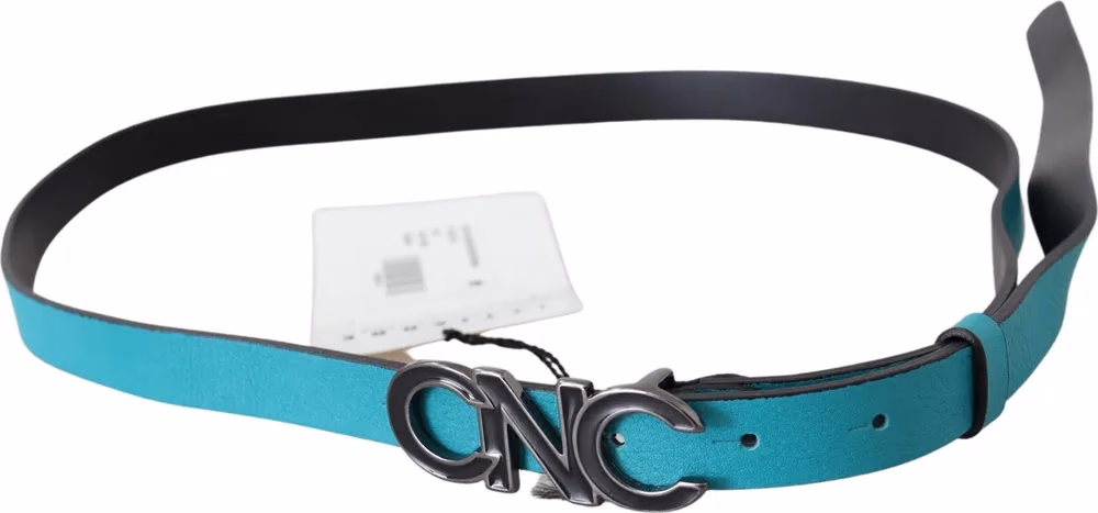 Costume National Blue Green Leather Logo Silver Buckle Belt