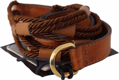 Brown Leather Braided Rope Gold Buckle  Belt