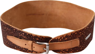 Brown Wide Leather Embroidered Design Logo Belt