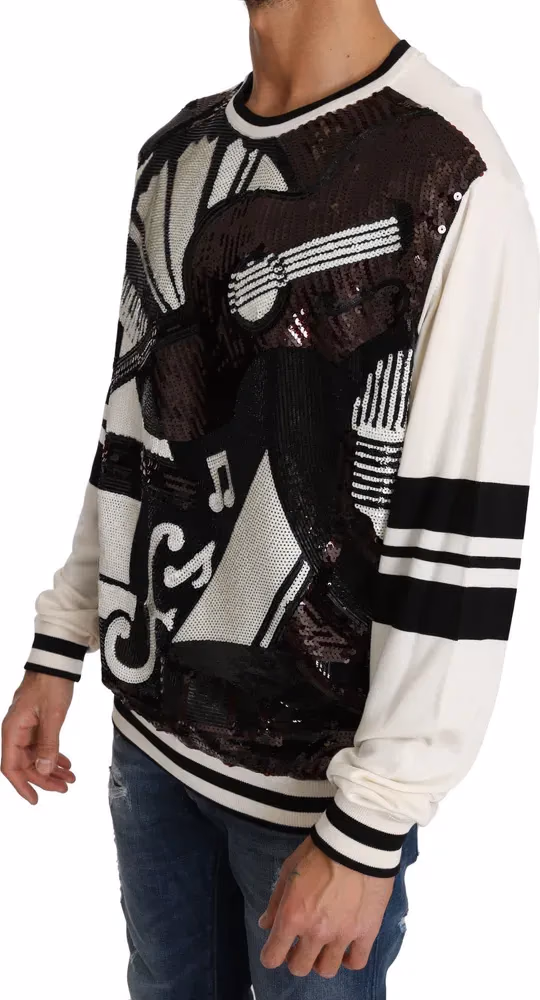 Dolce & Gabbana White Jazz Sequined Guitar Pullover Top Sweater