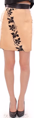 Beige Floral Print Silk Mini Skirt