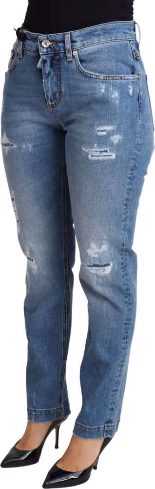 Dolce & Gabbana Blue Tattered Skinny Denim Cotton Blend Jeans